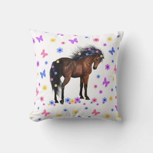 Wild Horse Flowing Mane Butterfly Flower Throw Pillow