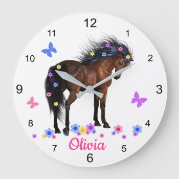 Wild Horse Flowing Mane Girls Room Large Clock by decampstudios at Zazzle