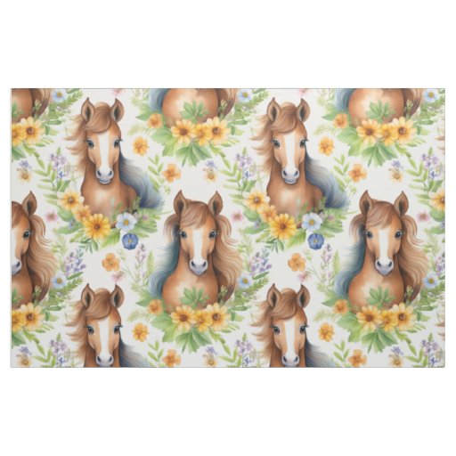 Wild Horse Flowing Mane Yellow Floral Greenery Fabric