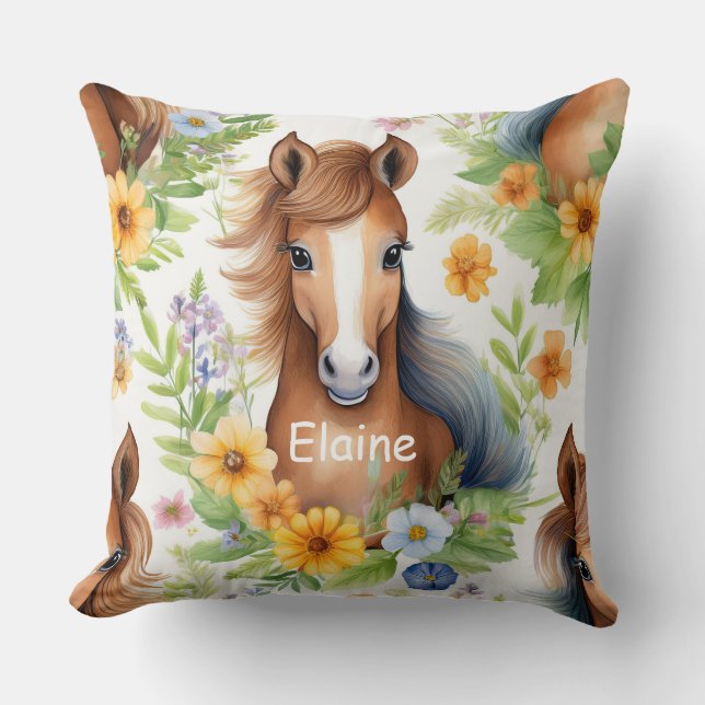 Wild Horse Flowing Mane Yellow Floral Greenery Throw Pillow (Front)