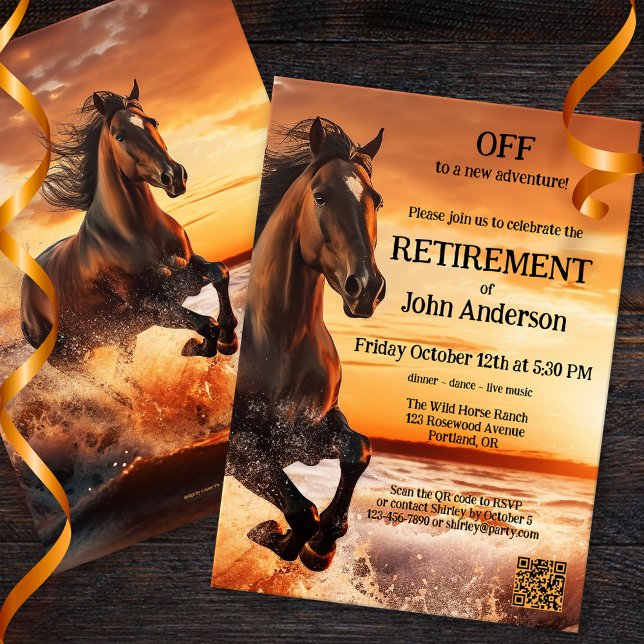 Wild Horse Freedom Coastal Retirement Party Invitation (Retirement party invitation featuring a painting of a wild running horse on the beach. )