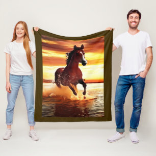 Wild Horse Galloping Through Surf Bordered Fleece Blanket