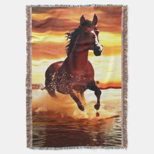 Wild Horse Galloping Through Surf Bordered Throw Blanket