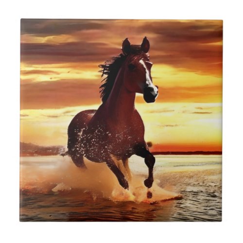 Wild Horse Galloping Through Surf Ceramic Tile