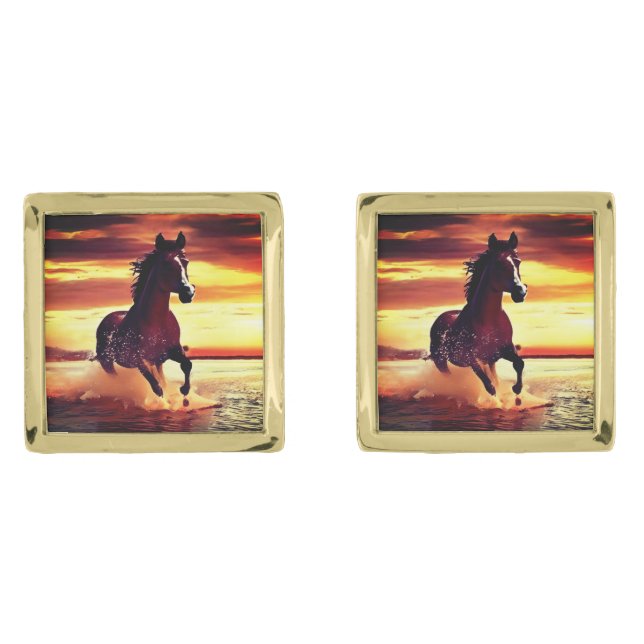 Wild Horse Galloping Through Surf Cufflinks (Front)