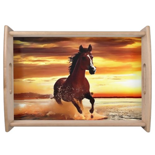 Wild Horse Galloping Through Surf Serving Tray