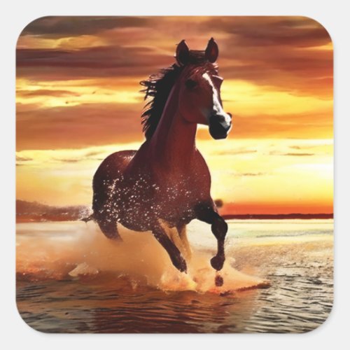 Wild Horse Galloping Through Surf Square Sticker