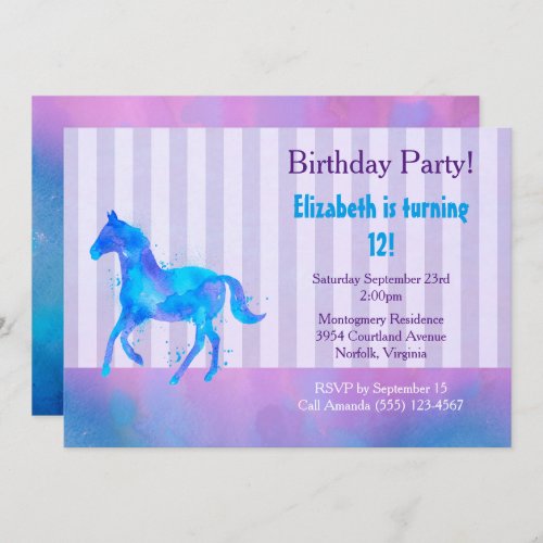 Wild Horse in Blue and Purple Watercolor Birthday Invitation