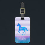 Wild Horse in Blue and Purple Watercolor Luggage Tag<br><div class="desc">Personalized luggage tag with a pretty watercolor horse in blue and purple colors. Running wild and free. Set on a horizontal purple striped background. A blue and pink watercolor border layered across the bottom.</div>