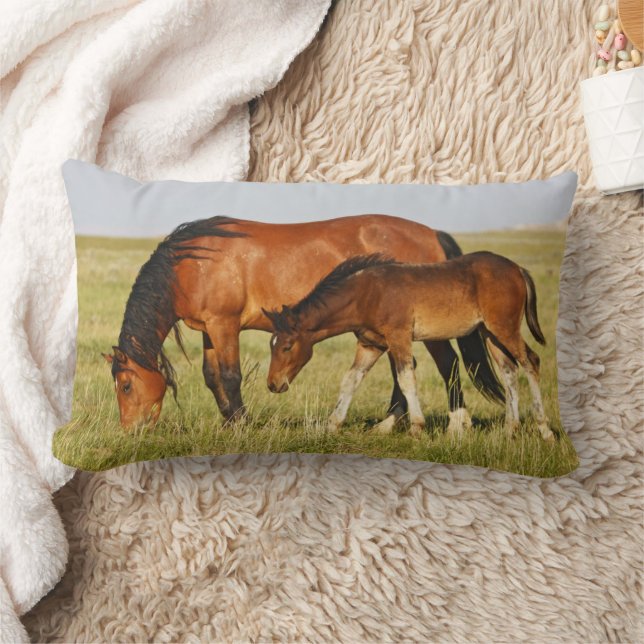 Wild Horse Mother and Colt Grazing Lumbar Pillow (Blanket)