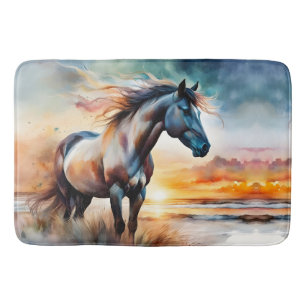 Wild Horse on Grassy Dune at Sunset Bath Mat