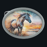 Wild Horse on Grassy Dune at Sunset  Belt Buckle<br><div class="desc">Wild horse on a flowering grassy dune at the ocean shore ay sunset

Ai art by minx267</div>