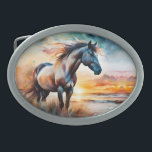 Wild Horse on Grassy Dune at Sunset  Belt Buckle<br><div class="desc">Wild horse on a flowering grassy dune at the ocean shore ay sunset

Ai art by minx267</div>