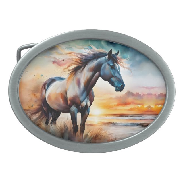 Wild Horse on Grassy Dune at Sunset  Belt Buckle (Front)