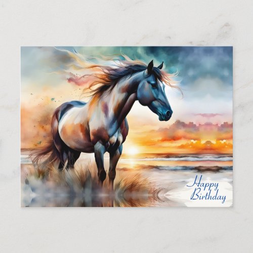 Wild Horse on Grassy Dune at Sunset Birthday Postcard