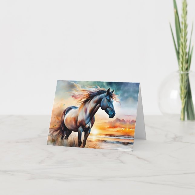 Wild Horse on Grassy Dune at Sunset  Card (Front)