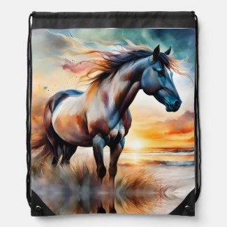 Wild Horse on Grassy Dune at Sunset 