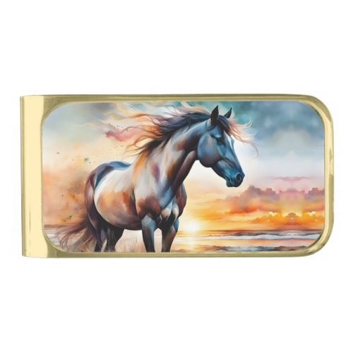 Wild Horse on Grassy Dune at Sunset  Gold Finish Money Clip