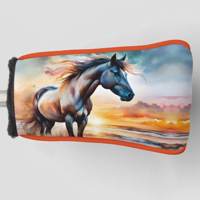 Wild Horse on Grassy Dune at Sunset  Golf Head Cover (Front)