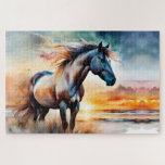 Wild Horse on Grassy Dune at Sunset Jigsaw Puzzle