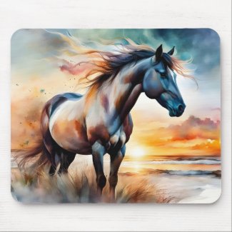 Wild Horse on Grassy Dune at Sunset 