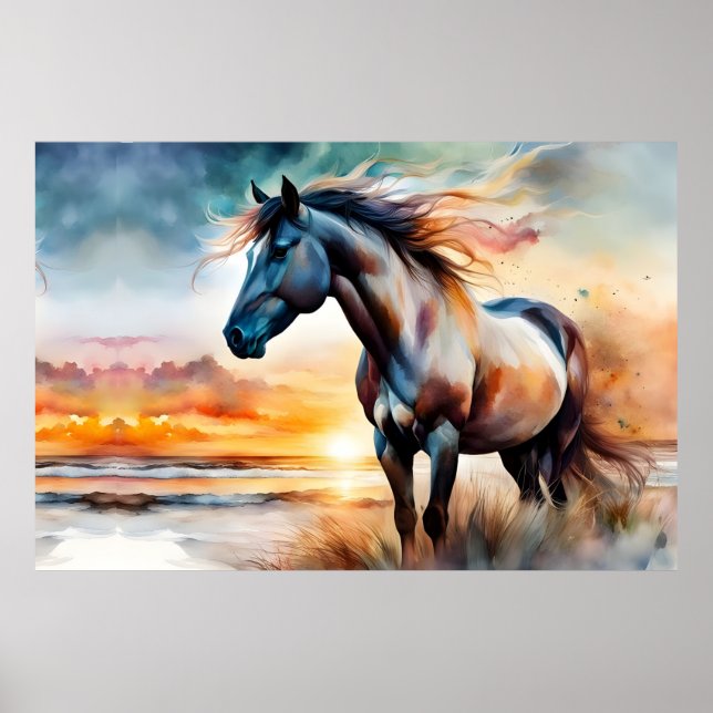 Wild Horse on Grassy Dune at Sunset  Poster (Front)