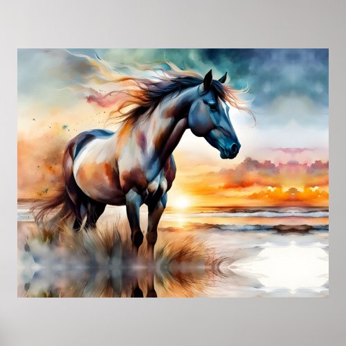 Wild Horse on Grassy Dune at Sunset  Poster