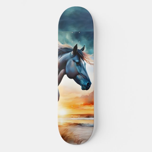 Wild Horse on Grassy Dune at Sunset  Skateboard (Front)