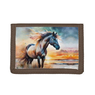 Wild Horse on Grassy Dune at Sunset Tri-fold Wallet