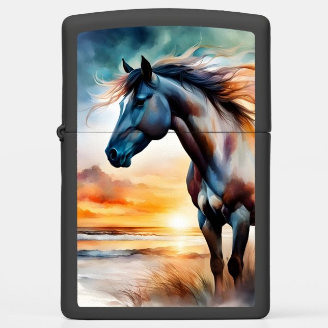 Wild Horse on Grassy Dune at Sunset  Zippo Lighter (Front)
