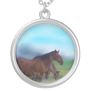 Wild horse painting silver plated necklace