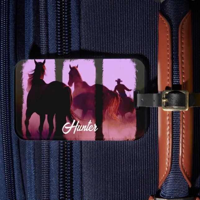 Wild Horse Roundup Triptych Personalized Luggage Tag (Front Insitu 4)
