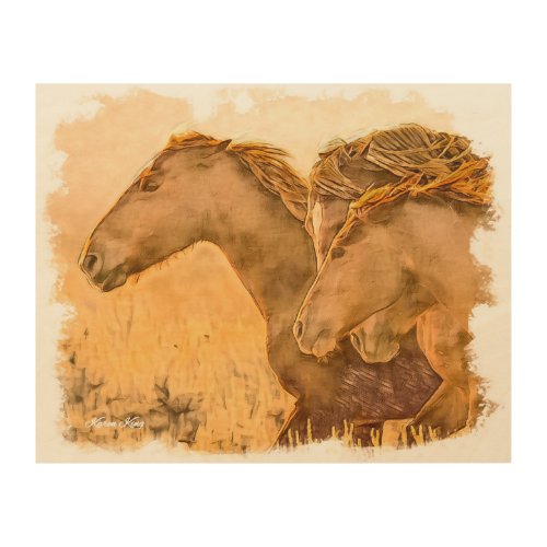 Wild Horse Stallion and Mares Running at Sunset  Wood Wall Art