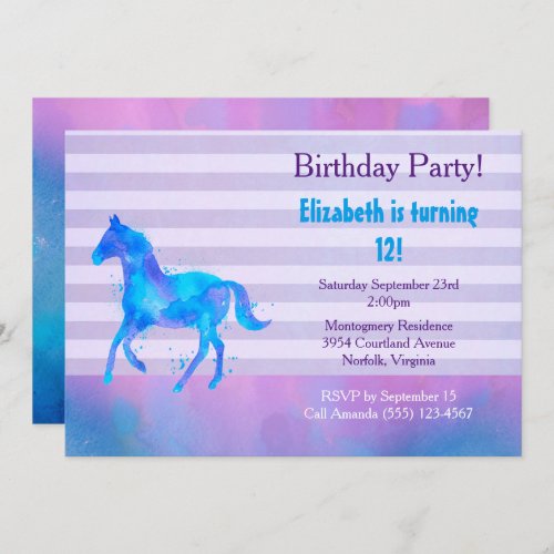 Wild Horse  Watercolor Horizontal Stripes Birthday Invitation