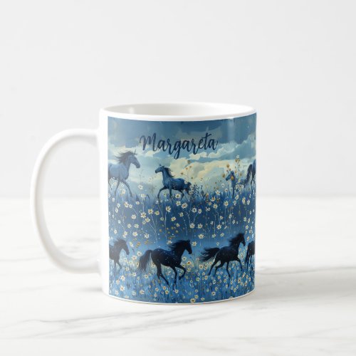 Wild Horses and Wildflowers Personalized Mug Blue