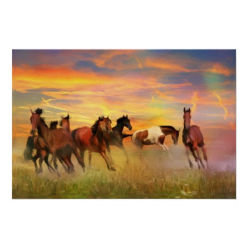 Wild Horses At Sunset Impressionist Style Painting Poster