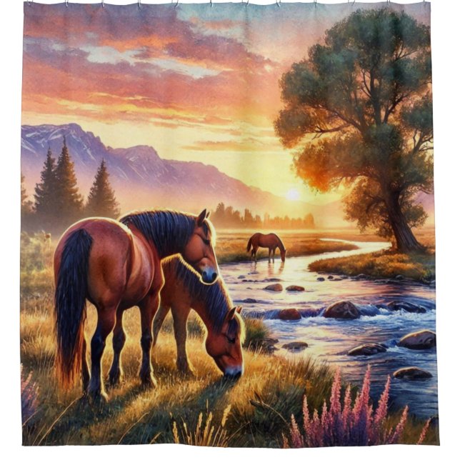 Wild Horses at Sunset  Western Shower Curtain (Front)