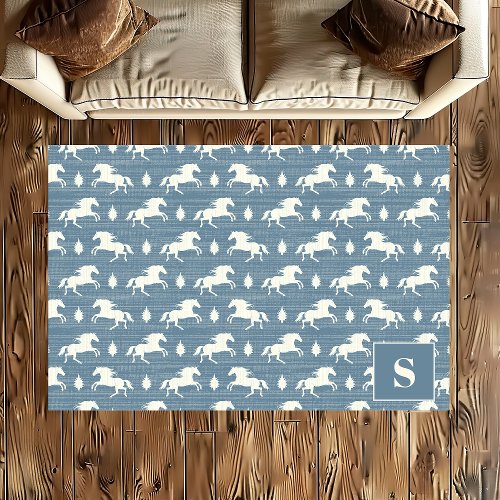 Wild Horses Blue Monogrammed Rug