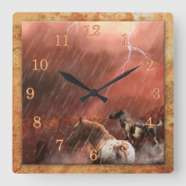 WILD HORSES DESERT STORM SQUARE WALL CLOCK (Front)