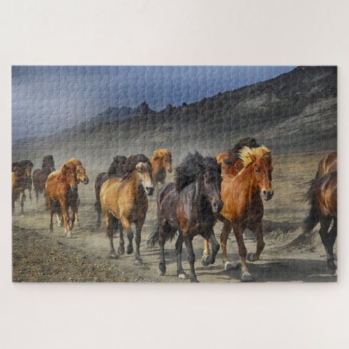 Wild Horses Dusty Desert Mountains Hills Photo Jigsaw Puzzle