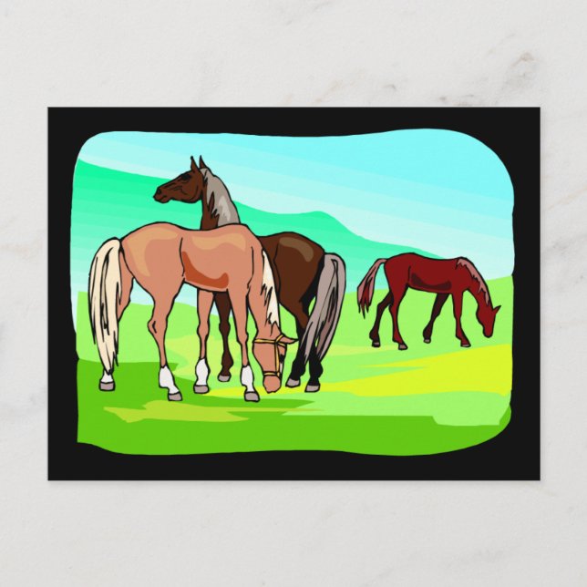 Wild Horses Eating Grass Field Pasture Mountains Postcard (Front)