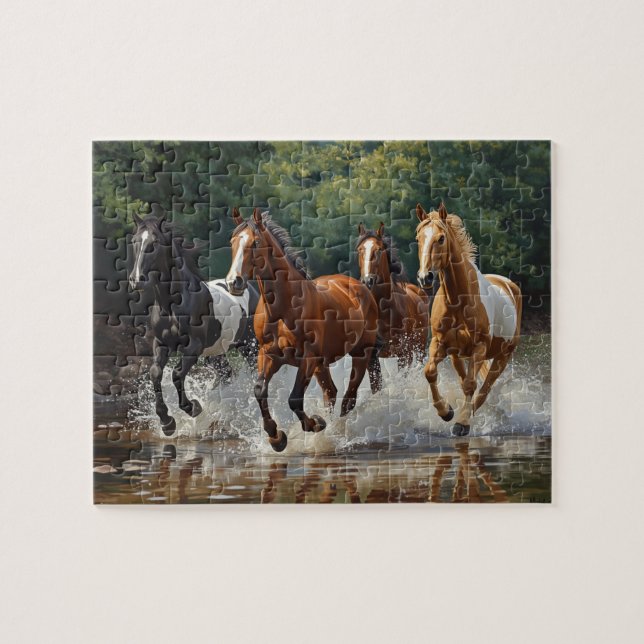 Wild Horses Galloping Water Splash Painting Jigsaw Puzzle (Horizontal)