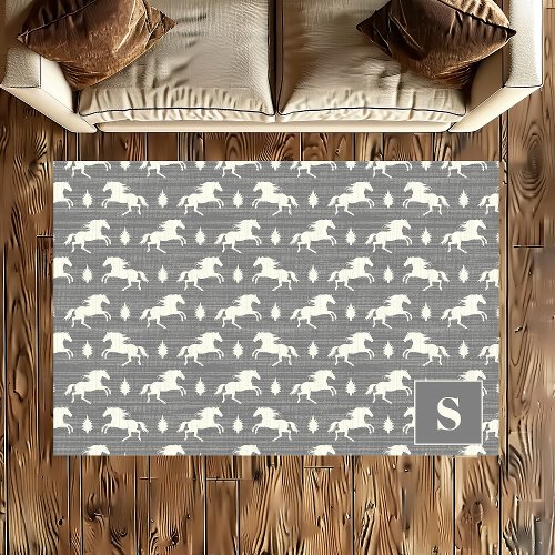 Wild Horses Gray Monogrammed Rug