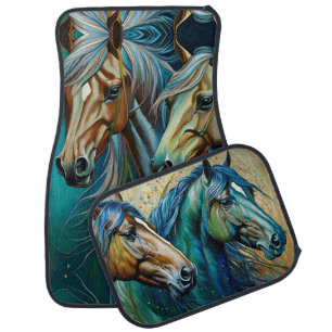 Wild Horses in Blue Green and Brown Car Floor Mat