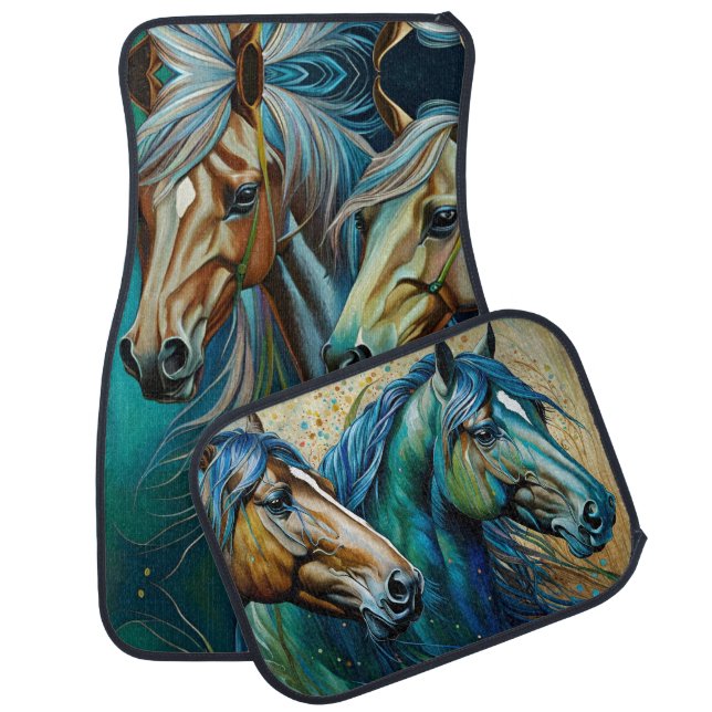 Wild Horses in Blue Green and Brown Car Floor Mat (Set)