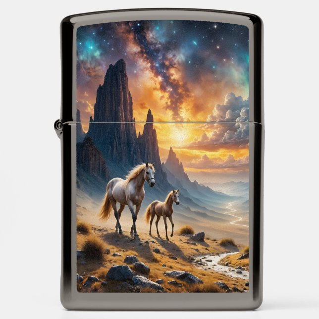 Wild horses in desert Mare and foal under stars Zippo Lighter (Front)