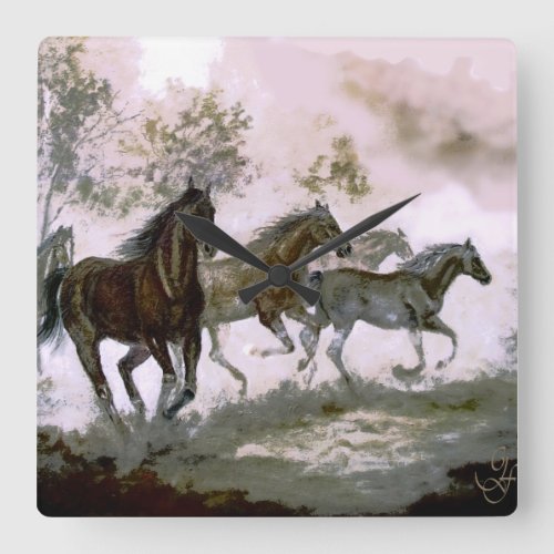 Wild horses in flight square wall clock