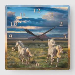 WILD HORSES  “Live to Run” Square Wall Clock