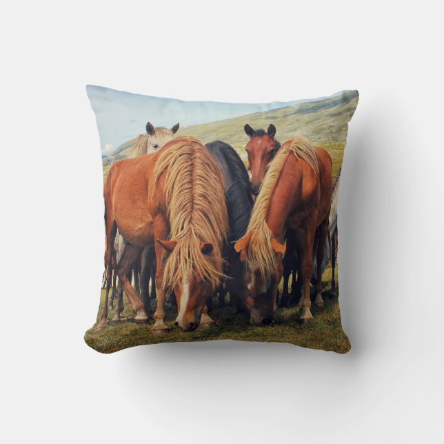 Wild Horses Livno Nature Scene Throw Pillow (Front)