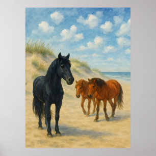 Wild Horses of Corolla North Carolina Watercolor Poster